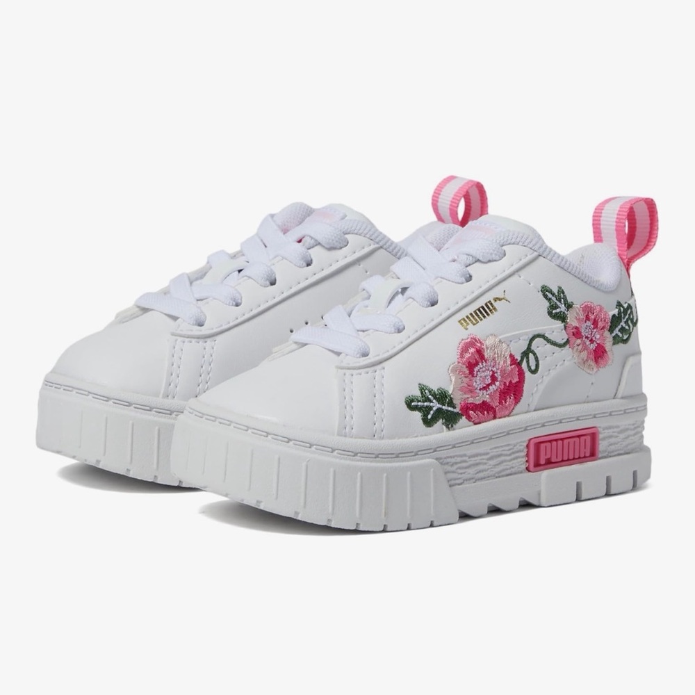 Special edition Mayze Puma White Kids Sneakers with Pink Floral Embroidery